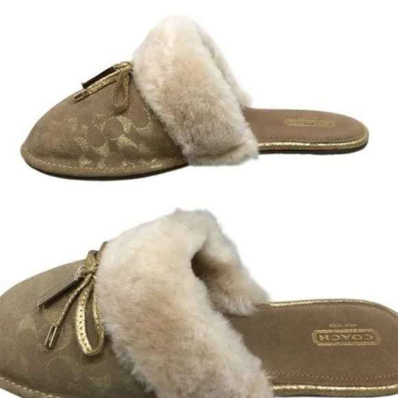 Coach Women's Darlene Tan/Gold Suede Signature Slide Slippers Size 9 NWOT - Picture 3 of 11